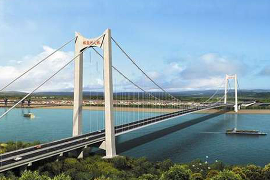 湖北棋盤洲長(zhǎng)江公路大橋?yàn)榈劐^式懸索橋,主跨1038米。.jpg